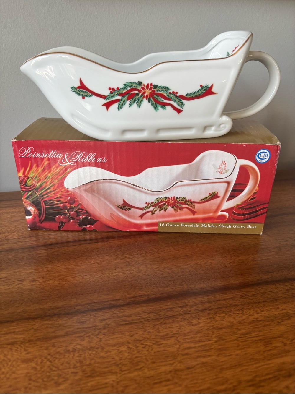 Vintage Poinsettia & Ribbons Fine China Sleigh Gravy Boat - 16 oz with Box